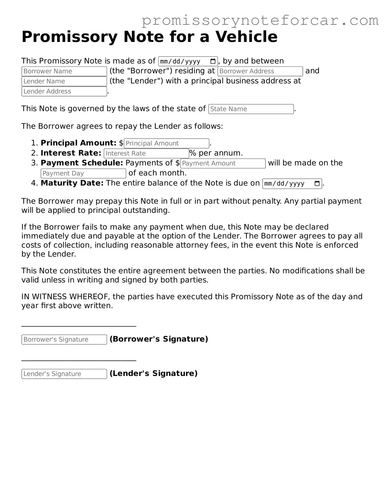 Legal Promissory Note for a Car Template